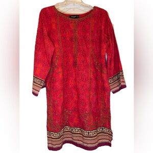 Women’s Bin Saeed Khaddar Embroidered Red and Gold Cotton Tunic. Medium
